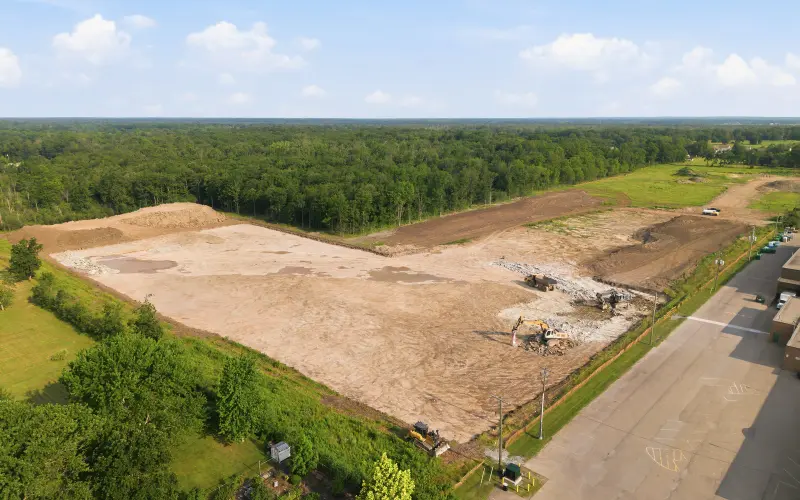 Aerial view of visible site-preparation work at South Coast on July 14, 2026
