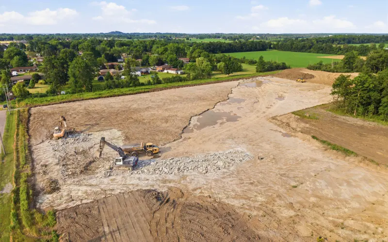 Aerial view of visible site-preparation work at South Coast on July 23, 2026