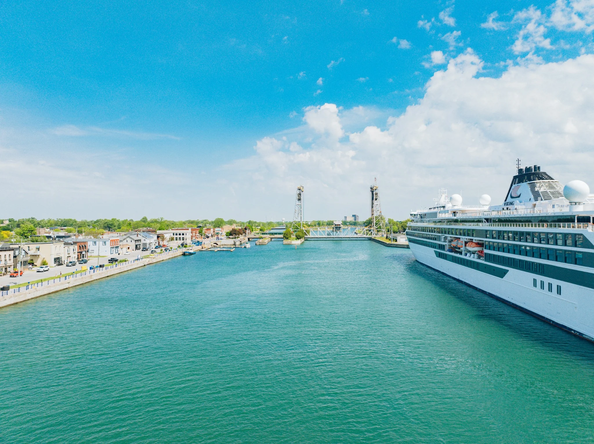 A passenger ship travelling through the Port Colborne canal