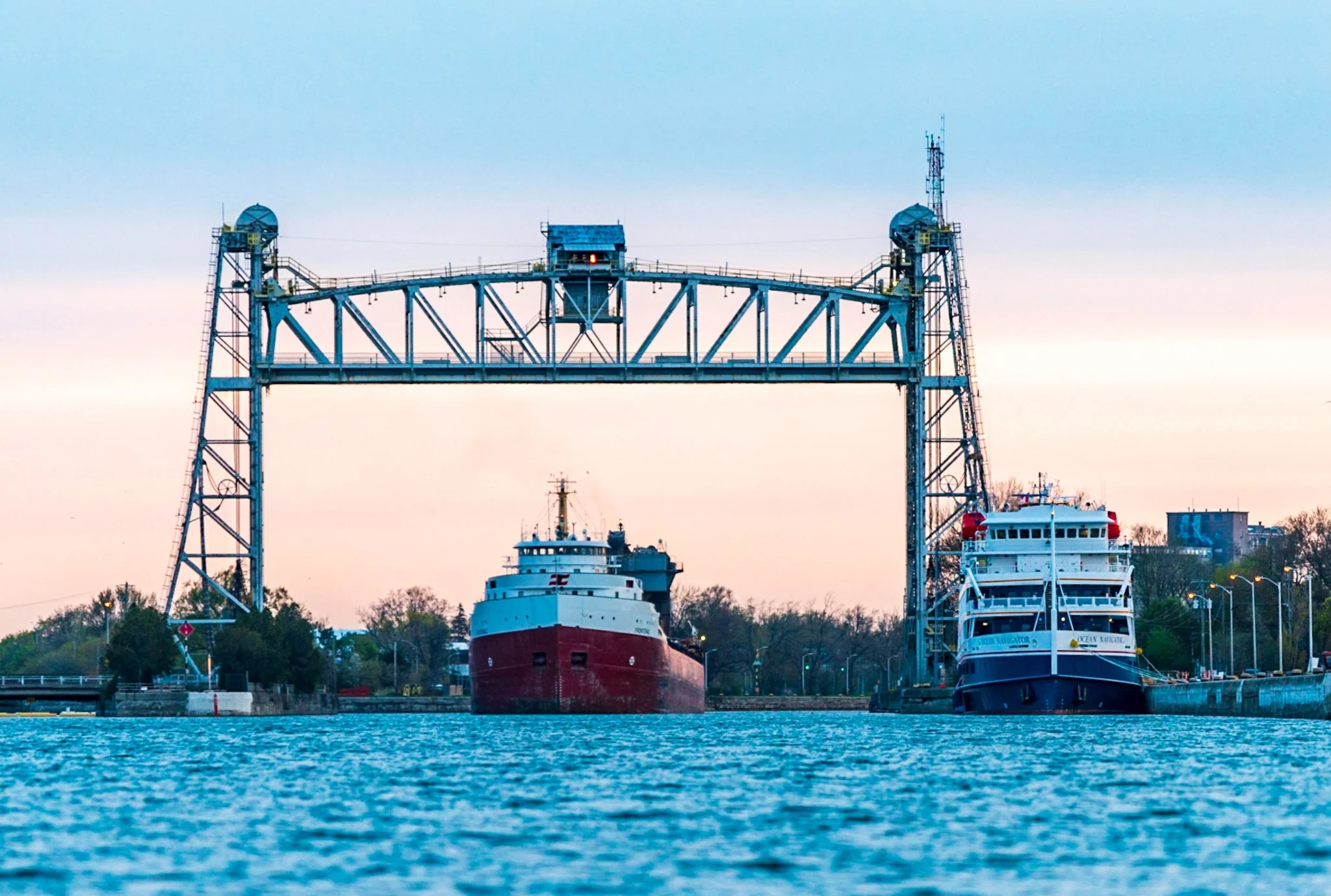 Port Colborne lift bridge and ships on the canal