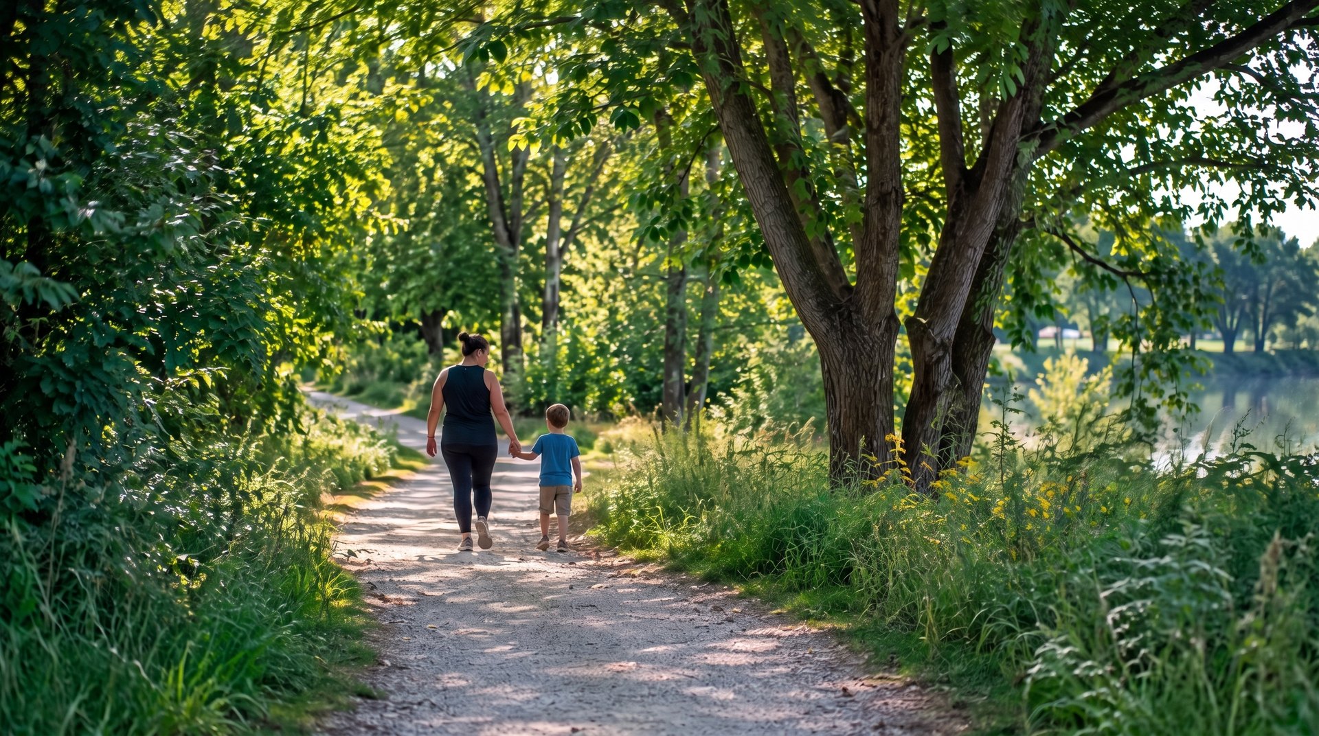 Concept illustration of a mother and child walking along a wooded waterfront trail.