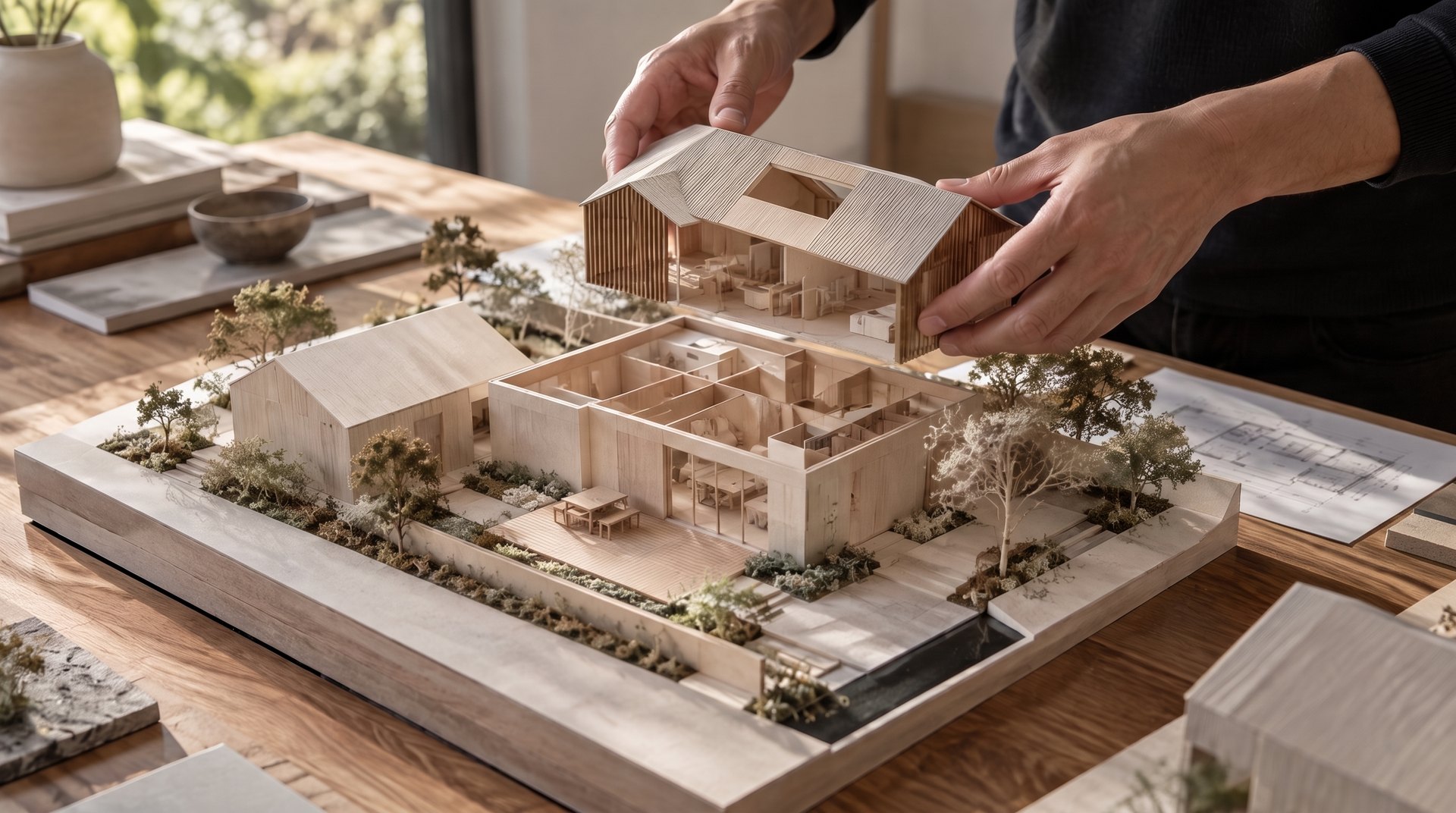 Concept illustration of an architectural house model with a lifted roof and visible interior.