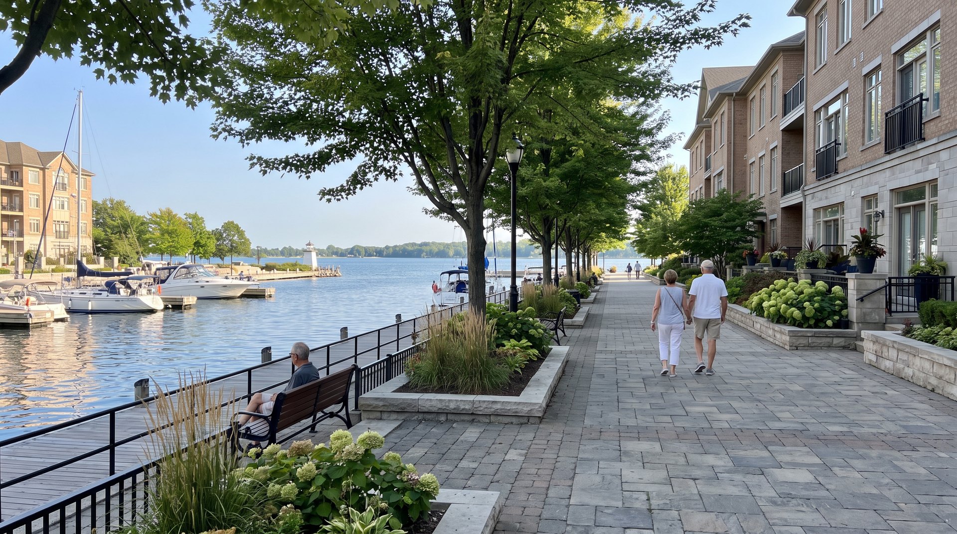 Concept illustration of a tree-lined waterfront promenade with a marina, homes and residents.