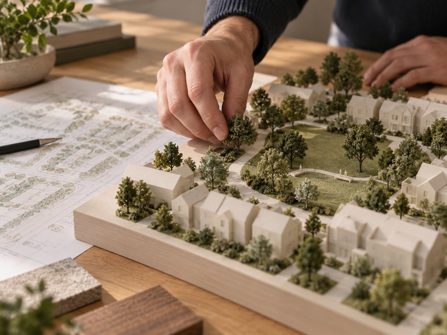 Concept illustration of a hand placing a miniature tree in an architectural community model over planning drawings.