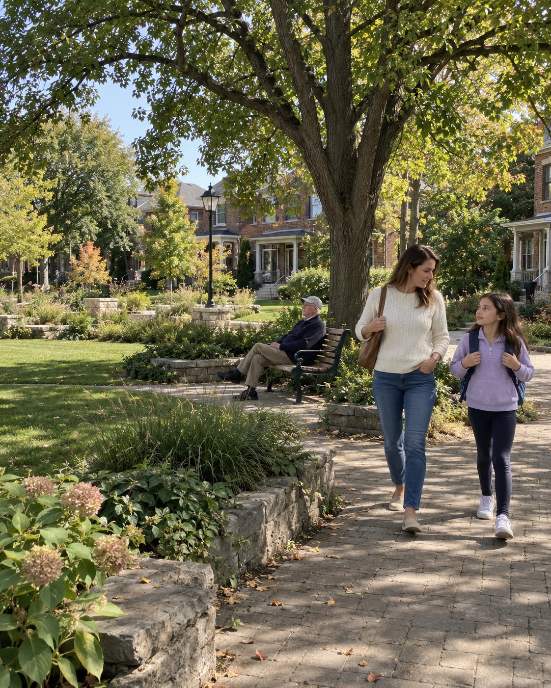 Concept illustration of a woman and girl walking along a stone path beneath a mature tree, with an older man seated on a bench and neighbourhood homes beyond.