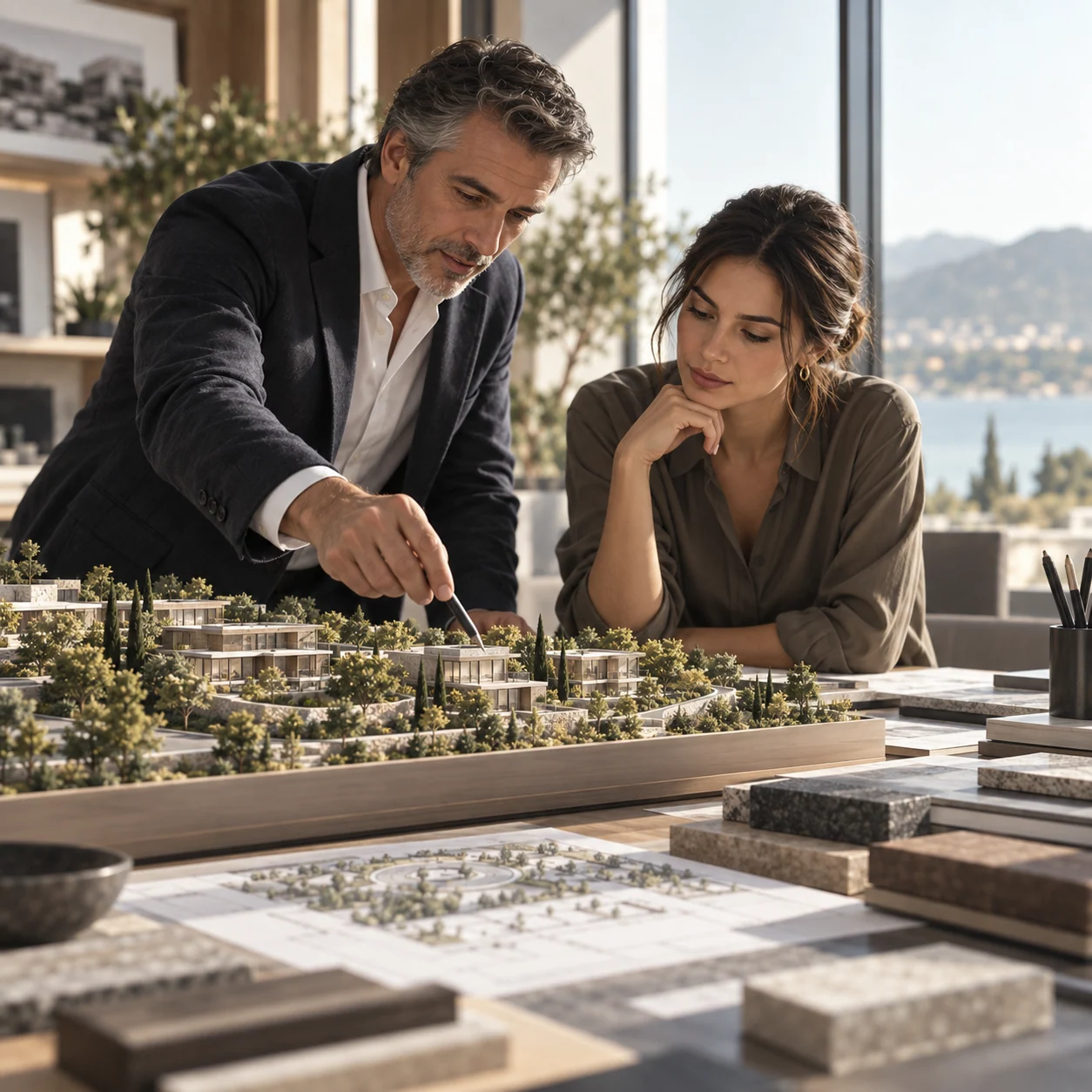 A man and woman reviewing a landscaped architectural community model in a sunlit studio.