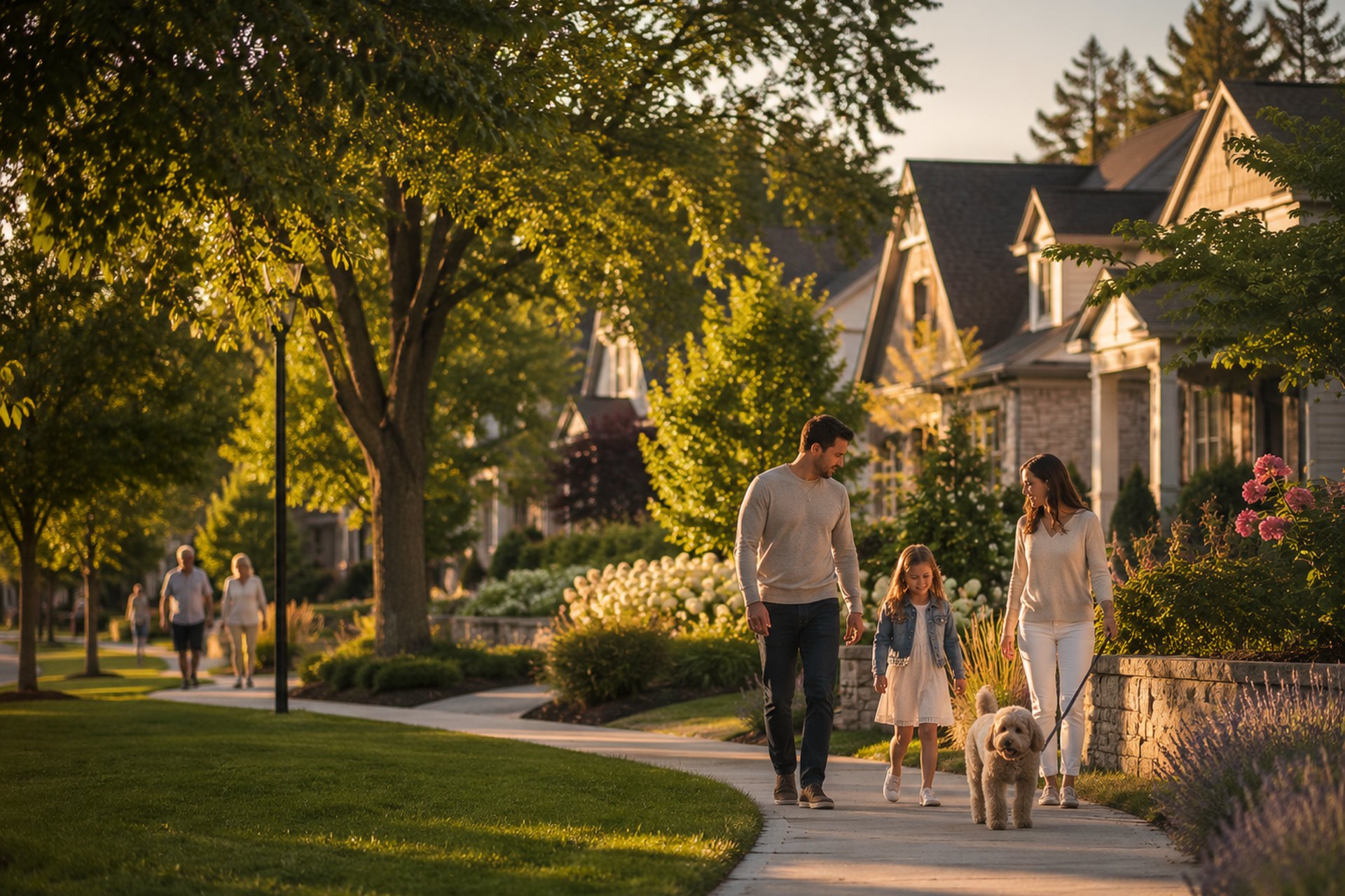 Family walking through a tree-lined residential neighbourhood.