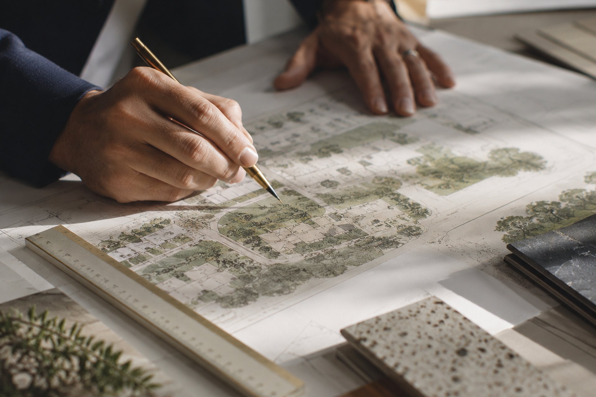 Designer reviewing a residential site plan with material samples.