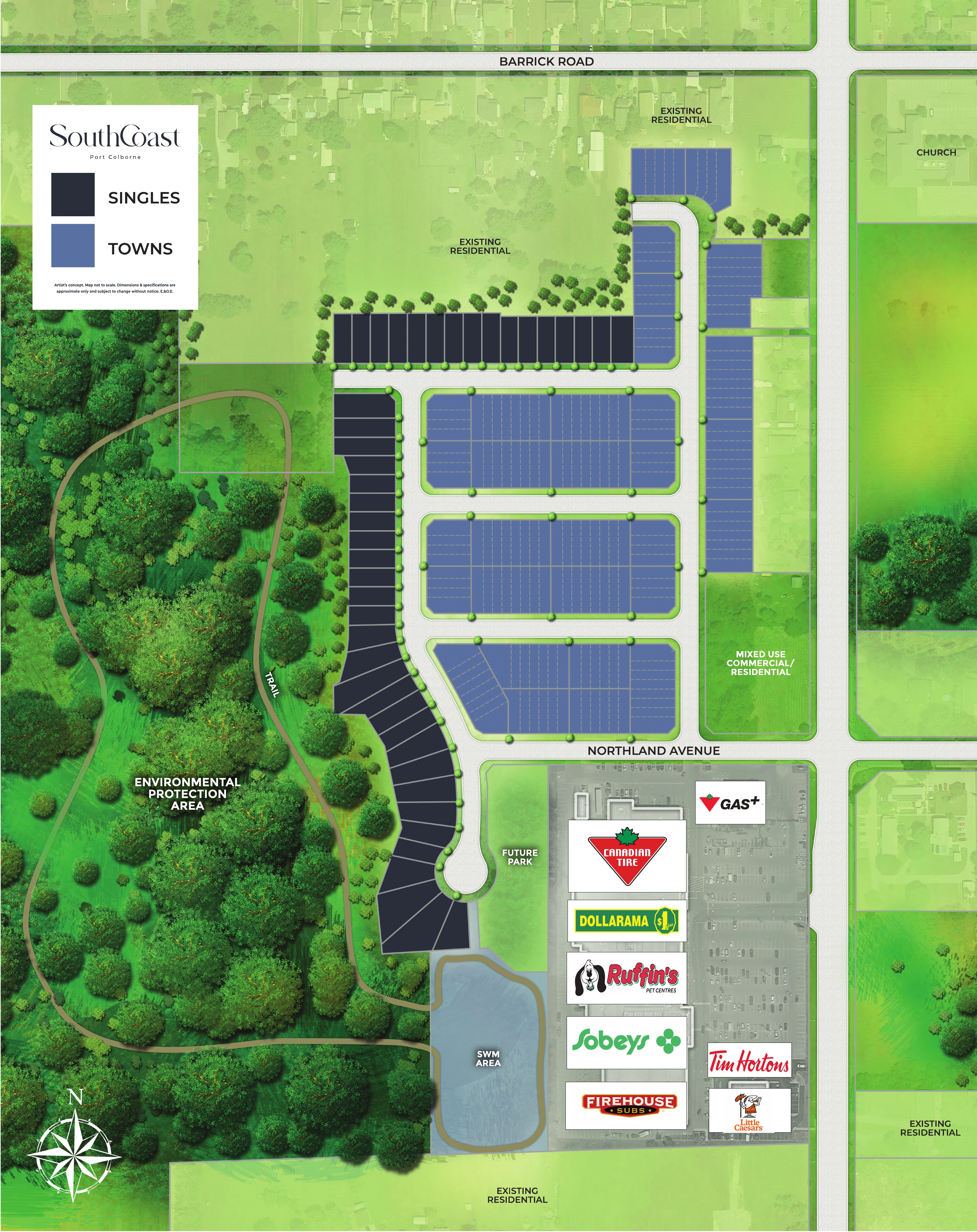 Illustrated South Coast community plan showing detached-home and townhome areas beside the environmental protection area, trail, future park and surrounding Port Colborne context.