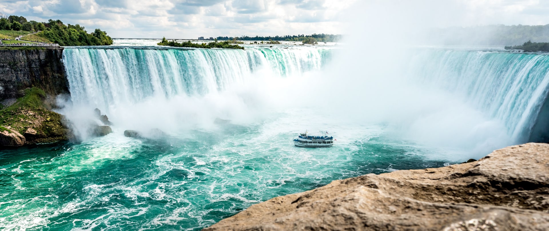 Niagara Falls with a sightseeing boat below the Horseshoe Falls.