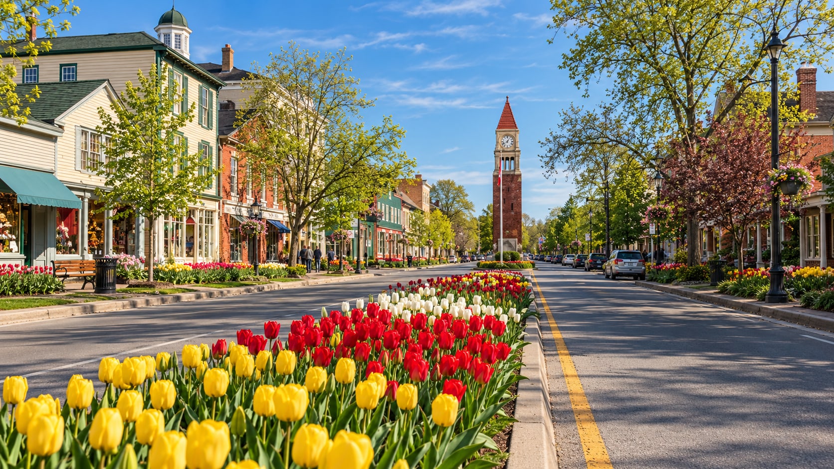 Niagara-on-the-Lake streetscape with a clock tower and spring flowers.