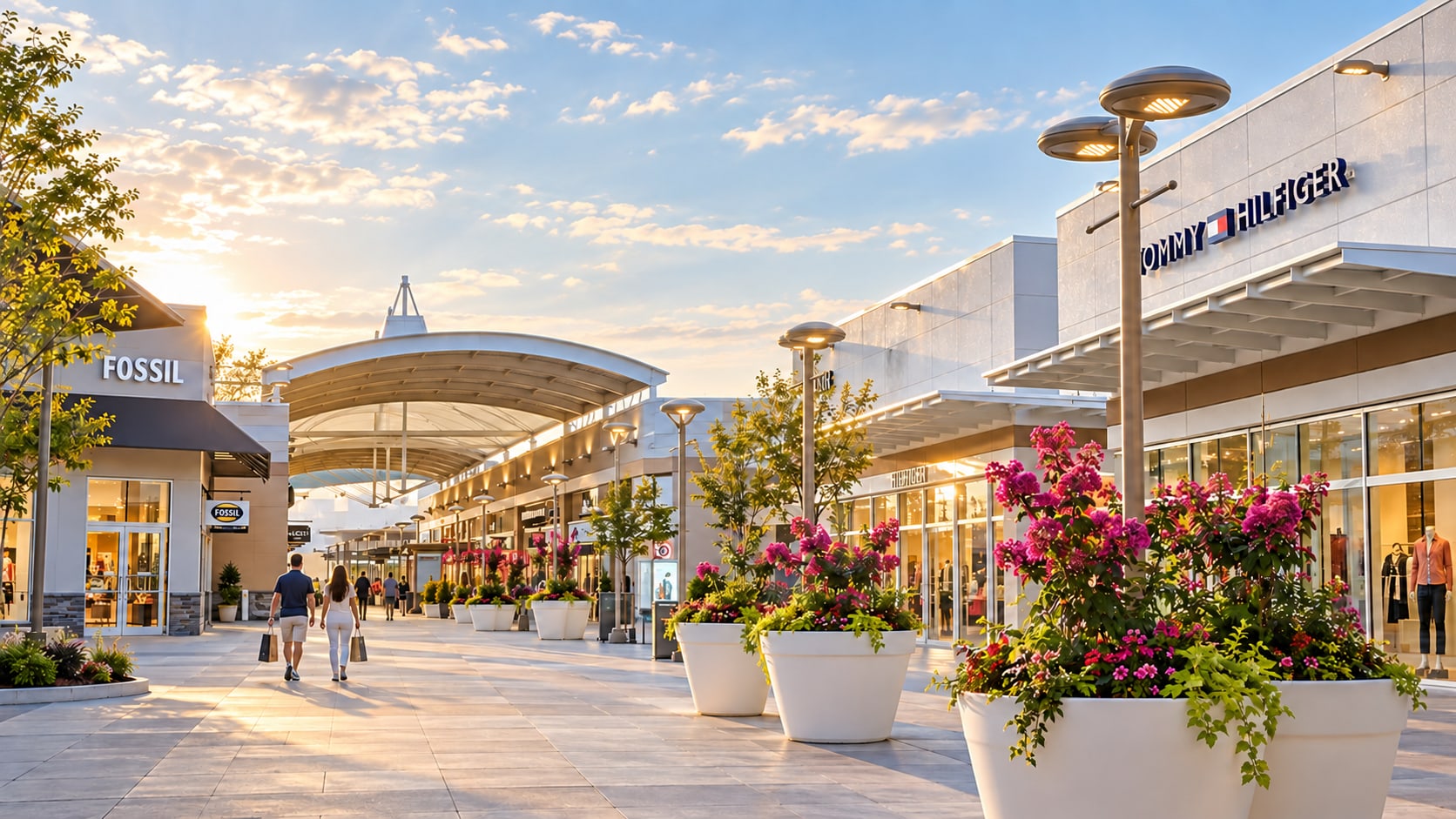 Outdoor shopping promenade at Outlet Collection at Niagara.