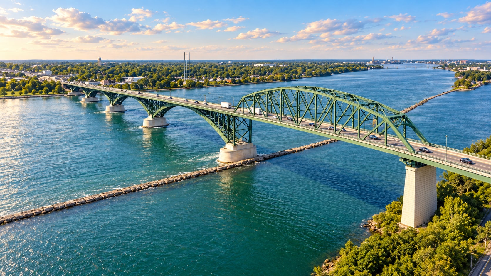 Peace Bridge spanning the Niagara River between Canada and the United States.