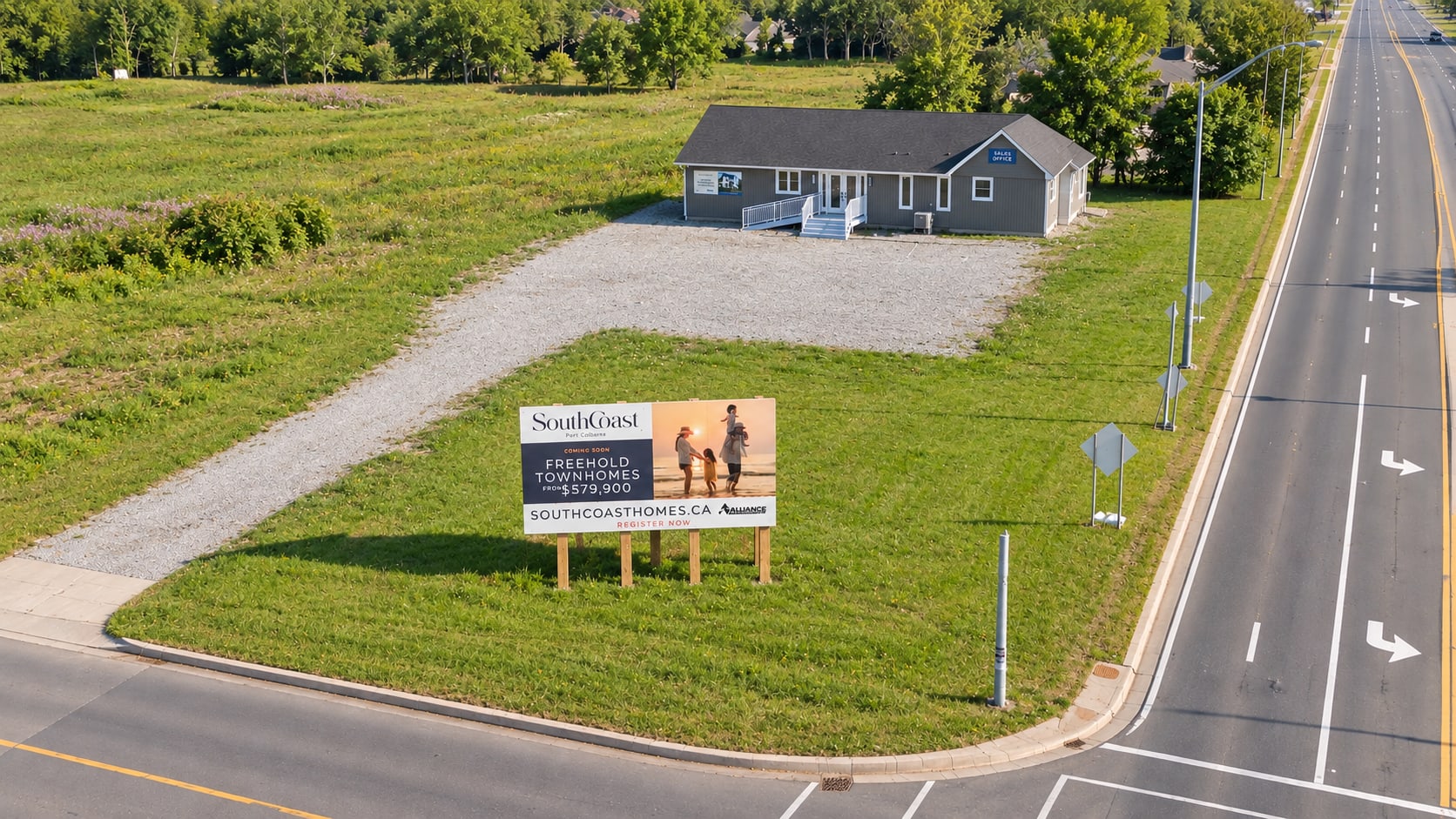 Aerial view of the South Coast sales office beside West Side Road in Port Colborne.